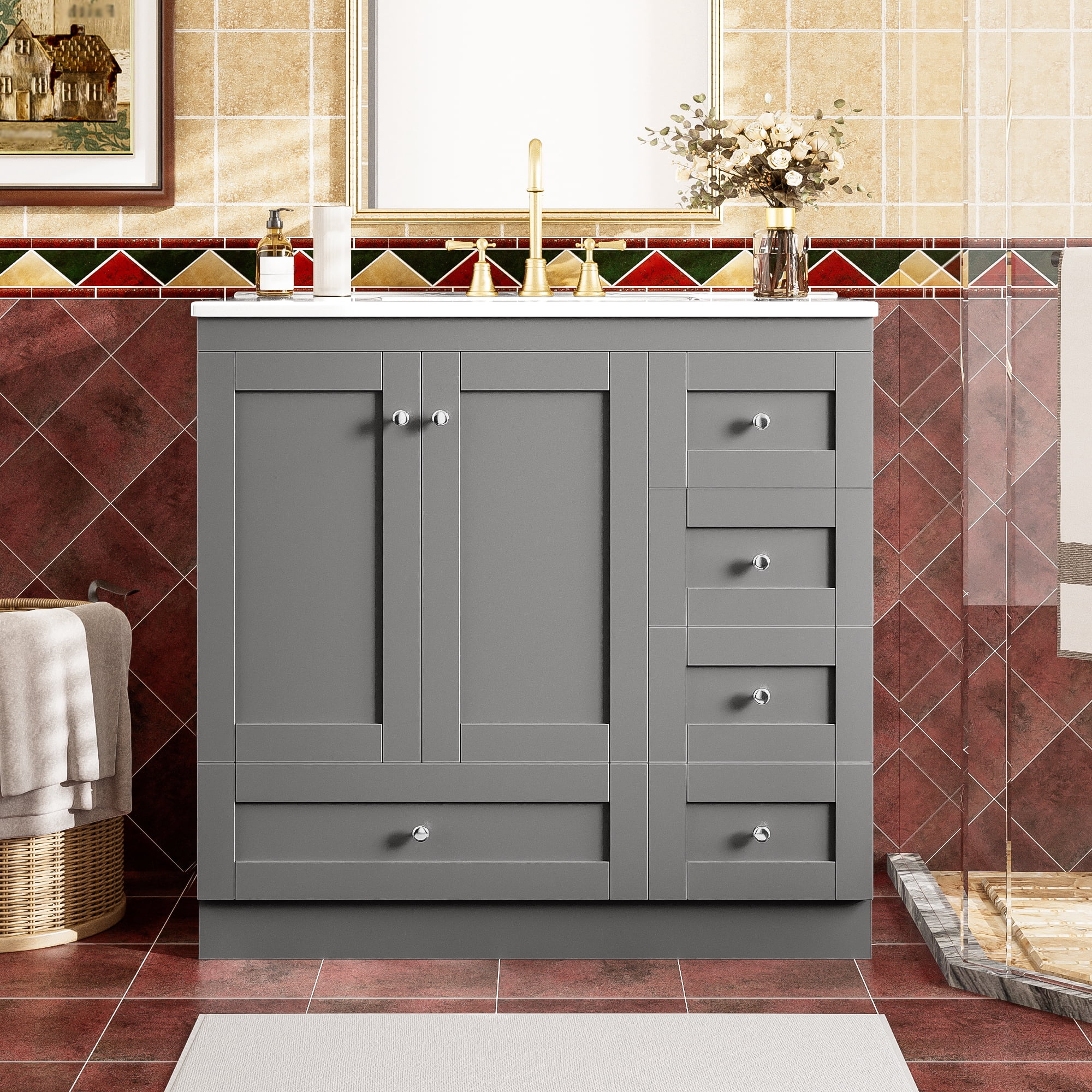 Image showcasing 36 inch Shaker Style Free-Standing Bathroom Vanity Cabinet with Ceramic ...