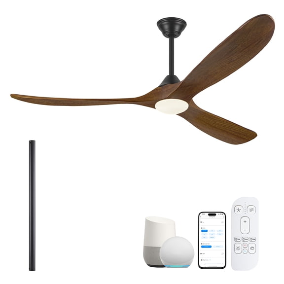 36 inch Smart Ceiling Fans with Lights, 3-Blade Solid Wood Propeller Design, WiFi/App/Alexa/Voice Control, Quiet DC Motor for Small Bedroom, Walnut