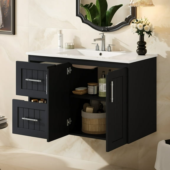 36 inch Wall Mounted Bathroom Vanity with Sink, Floating Bathroom Cabinet with 2 Drawers, Ceramic Sink, Adjustable Shelf, Modern Black Vanity for Small Bathroom, Space Saving Storage