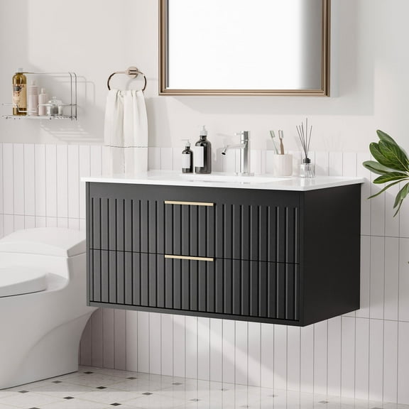 Joywind Modern Floating Bathroom Vanity with Sink 2 Drawers Black Cabinet 36-inch