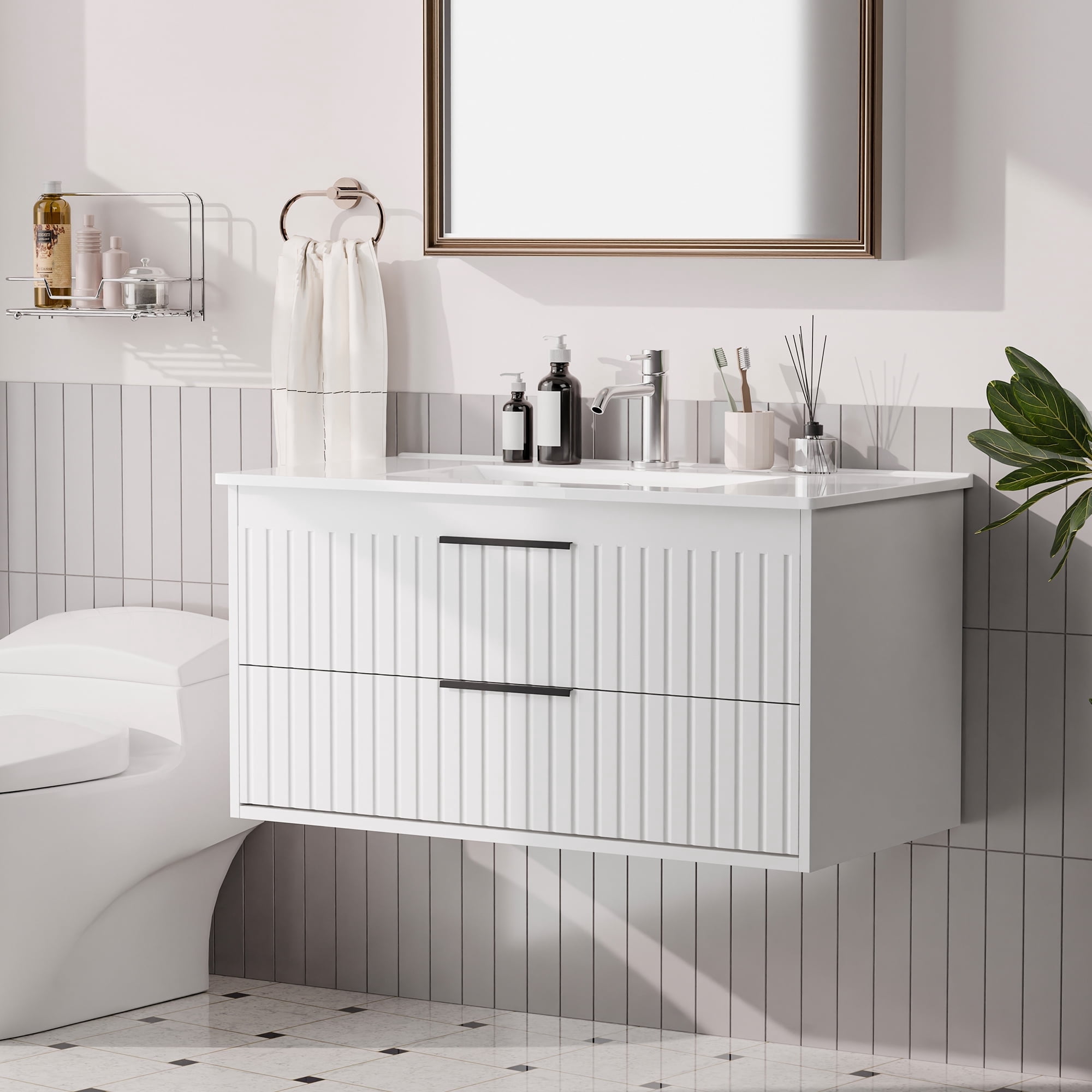 36-inch Floating Bathroom Vanity with Sink Combo, Complete Set with 4 Big Drawers and Modern Metal Handles for Ample Storage,White