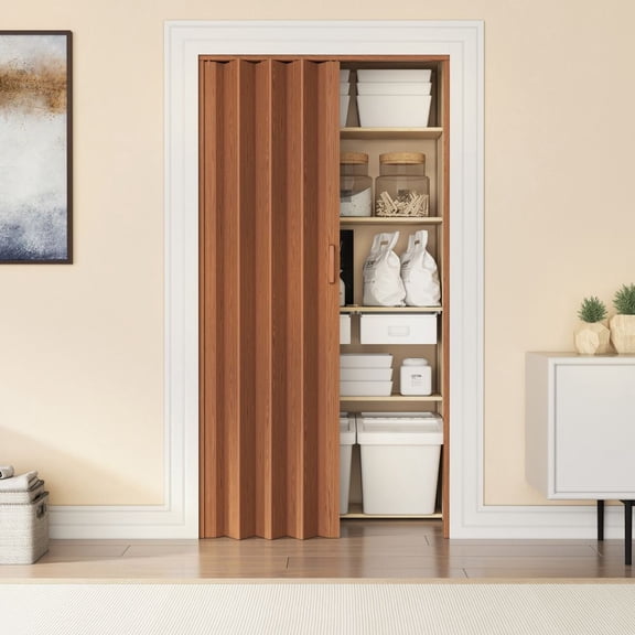 36-inch Wide PVC Folding Louvered Door Walnut-Tone Magnetic Closure Indoor Privacy Screen Ideal for Bedrooms, Closets, and Other Living Spaces.