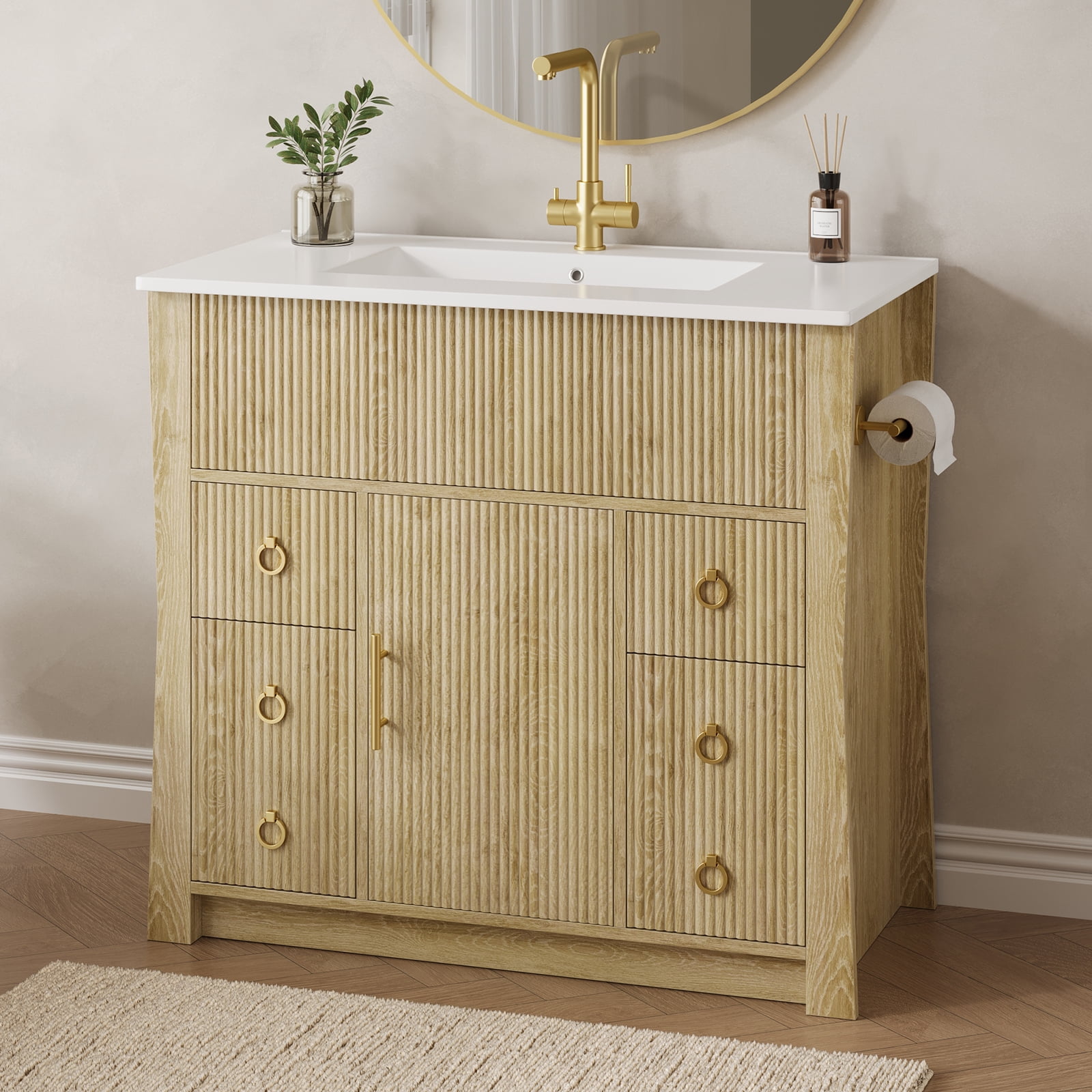 36-inch bathroom vanity, bathroom sink cabinet, with ceramic sink and drainage pipe, and equipped with 4 drawers and 1 door bathroom vanity, made of high-quality wood
