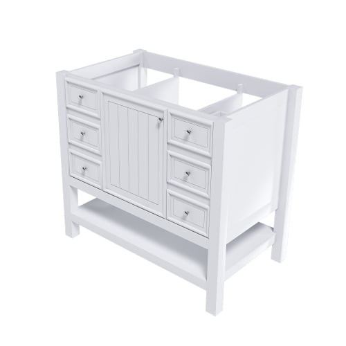 36-inch bathroom vanity, without sink, featuring one cabinet and three drawers, made of solid wood frame and MDF board, in white