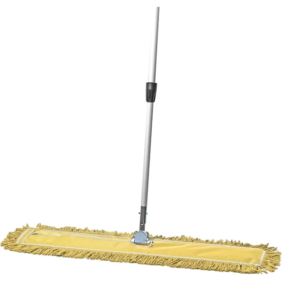 36-inch blue commercial dust mop and floor sweeper with extendable pole, suitable for cleaning hardwood, tile, and concrete floors.