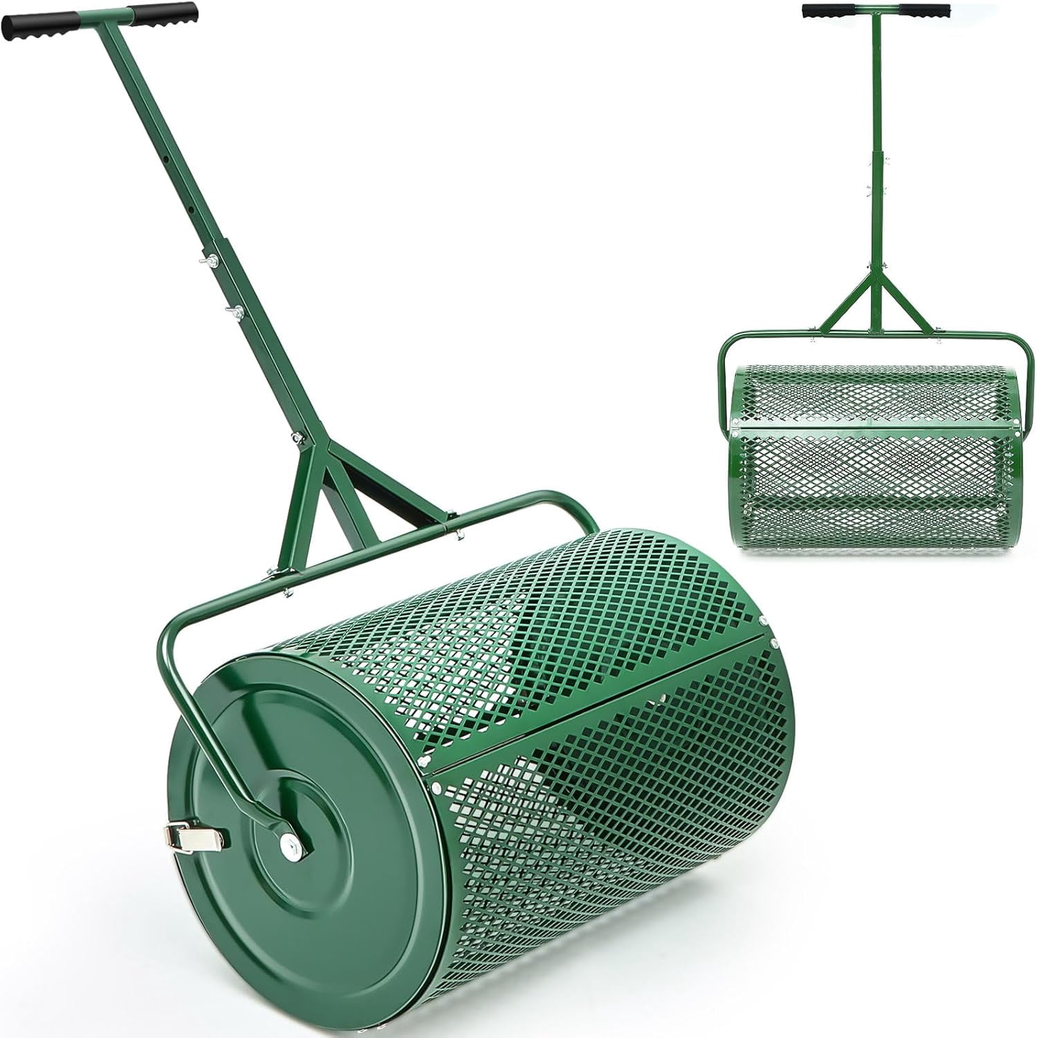 36-inch compost spreader, peat moss spreader, with adjustable handle fertilizer roller, lightweight metal mesh for lawn garden spreading fertilizer topsoil (green)