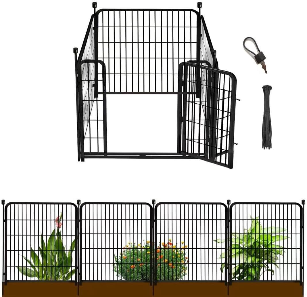 36-inch decorative garden fence with gate, 8 panels, 8.7 feet long, heavy-duty wrought iron animal barrier, suitable for patios, indoor pets or outdoor dogs, and garden boundaries.