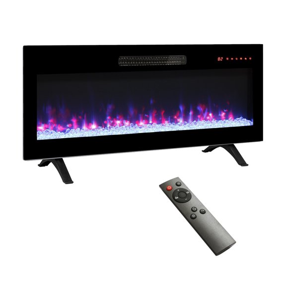 36 inch recessed ultra thin tempered glass front wall mounted electric fireplace with and multi color flame & emberbed, LED light heater Powder Coated + Electric + Antique Black