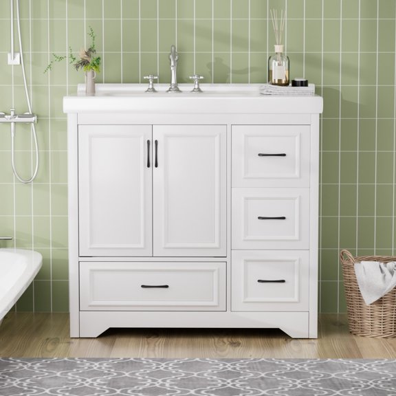 36-inch single sink bathroom vanity, modern undercounter bathroom vanity, elegant and stylish, with 2 enclosed doors and 4 drawers, ample storage space, white.