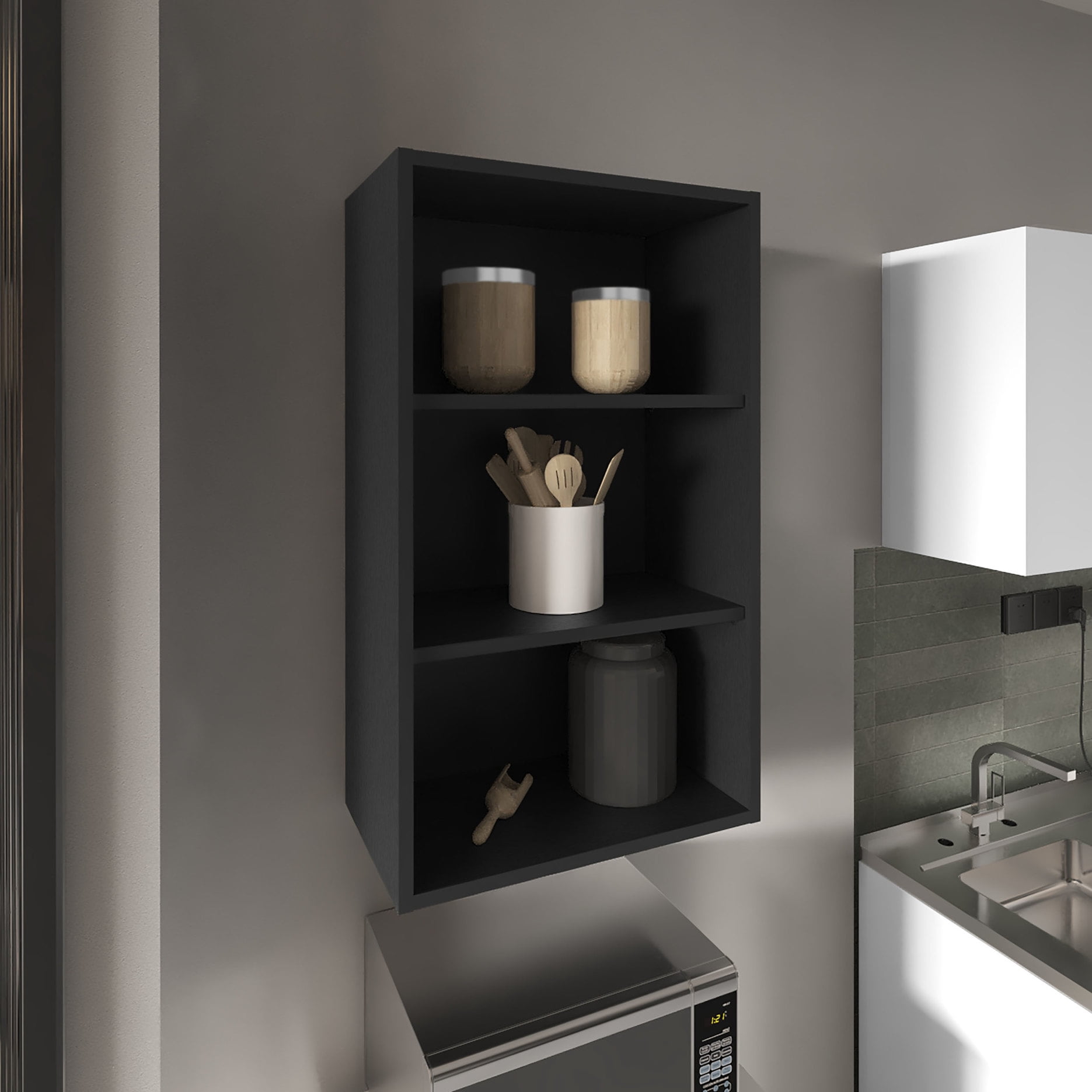 Curated visual reference: Visual Reference: 36 Inch Tall Black Wall Mounted Cabinet 3 Shelves For