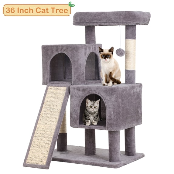 36 inches Cat Tree for Indoor Cats Cat Tower with Scratching Posts Multi-Level Cat Furniture Condo with Ramp Perch Spacious Cat Cave (Ashy)