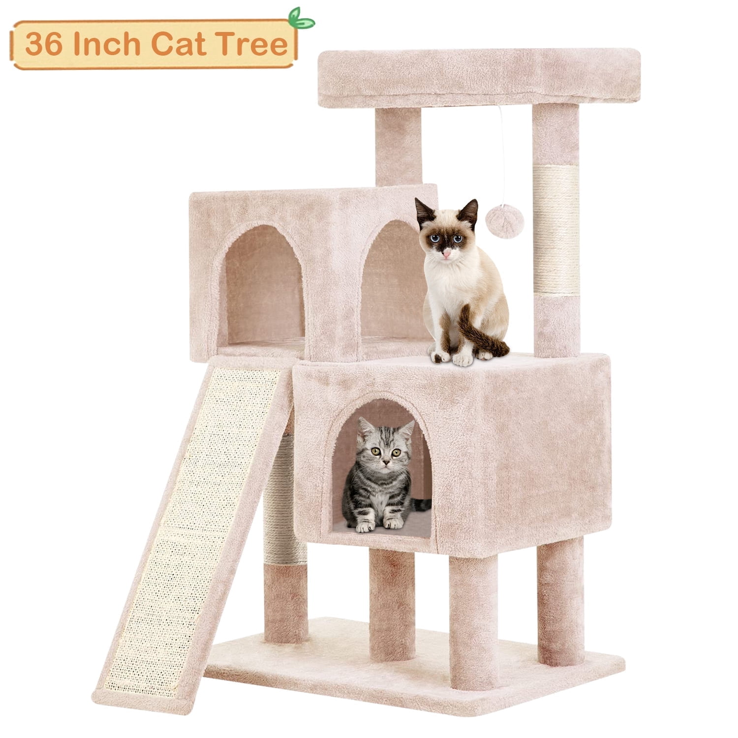36 inches Cat Tree for Indoor Cats Cat Tower with Scratching Posts Multi-Level Cat Furniture Condo with Ramp Perch Spacious Cat Cave (Beige)