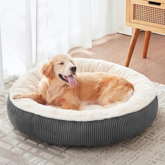 36 inches Donut Dog Bed for Large Dogs - Calming Round Pet Bed with Removable&Washable Cover, Plush Faux Fur & Corduroy, Fits Pets up to 80 lbs(Dark Grey, Large)
