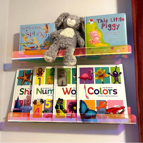 36 inches Iridescent Acrylic Floating Shelf,Wall Mounted Kids Bookshelf, Display Book Shelves for Kids Nursery Toddler Classroom 2 Packs