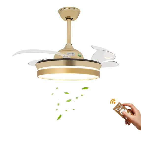 36 inches Retractable Ceiling Fan with Light and Remote Control,Modern Indoor Down Rod Reversible Chandelier Ceiling Fan for Bedroom Living Room 4-Blades 110-220V Gold