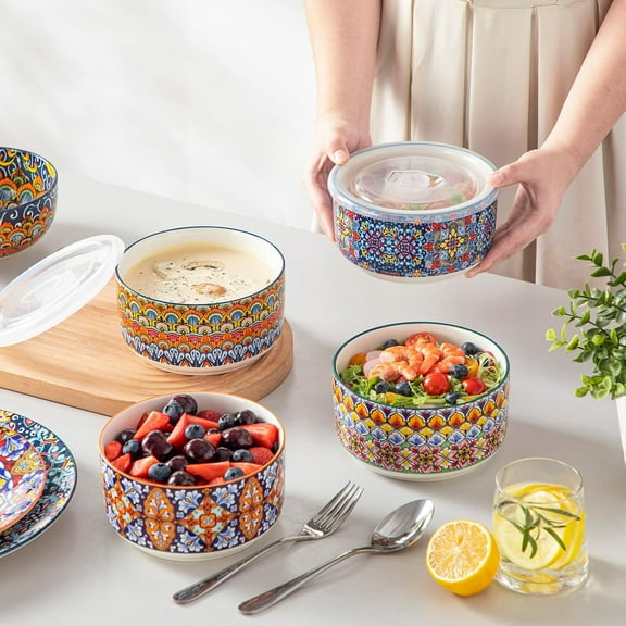 36 oz Ceramic Bowls with Lids Set of 4