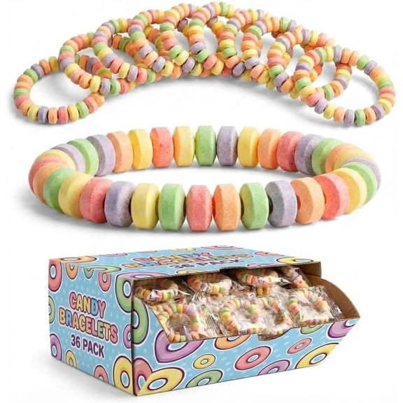 36-pack Candy Bracelets Individually Wrapped 2.5 Inch Novelty Candy Jewelry For Kids Bracelets Stretchable Edible Colorful Fruit Flavor Rainbow Candy Bulk Candy for Party Favors & Goodie Bags