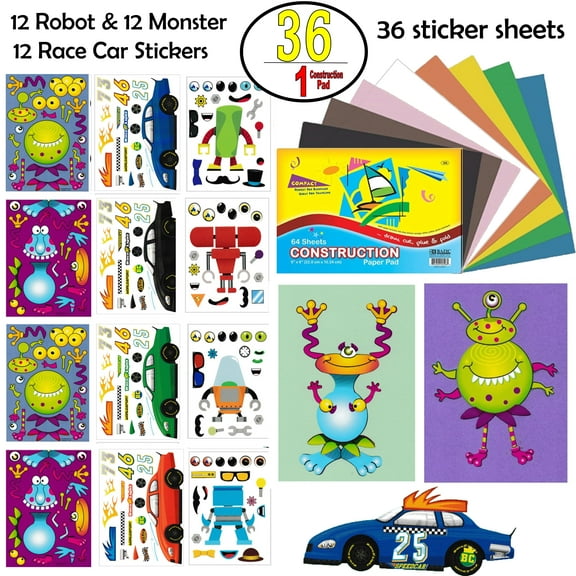 36 pc (12 Robots, 12 Race Cars & 12 Monsters) Pack of Stickers, Boy's Variety Make a Sticker Sheets with 6x9" Background Construction Paper Pad - Great for Boys Birthday Party Favors & Supplies