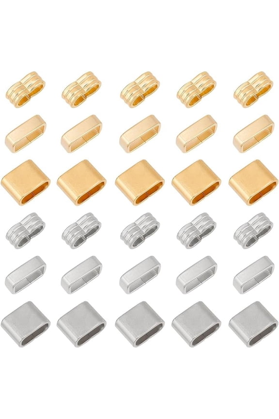 36 pcs 2 Colors 3 Style Stainless Steel Rectangle Slide Charms Large Hole Leather Cord Slider Loose Beads Wristband Locking Clips Beads Link Connector for DIY