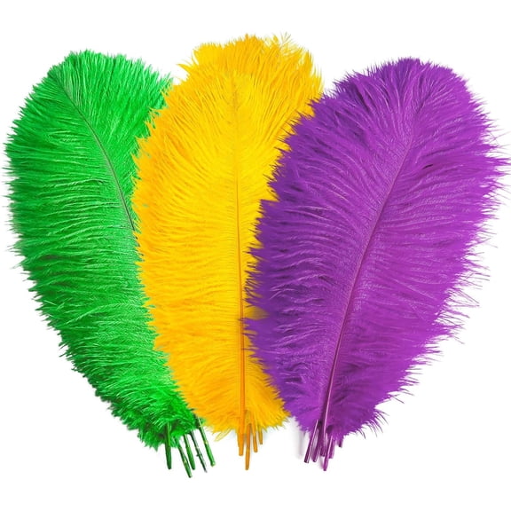 36 pcs Mardi Gras Ostrich Feathers 10-12 inch(25-30 cm) Bulk for Mardi Gras DIY Clothing and Accessories Masquerade Party Decorations Table Centerpiece(Gold Green Purple)