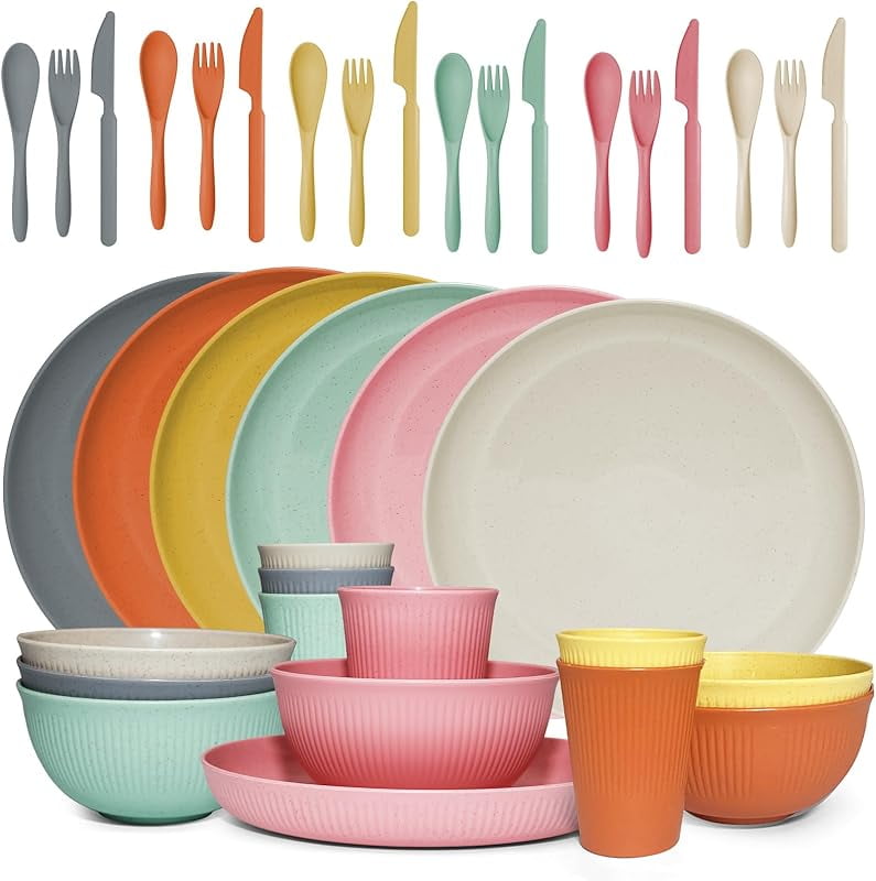 36 pcs Wheat Straw Dinnerware Sets Unbreakable Reusable Dinnerware Set ...