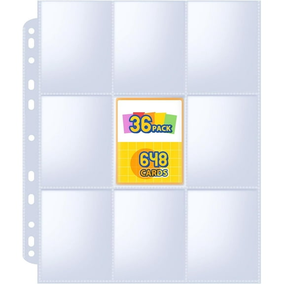 36 trading card sleeves, holding 648 cards, 9 pocket card sleeves, binder, 3 ring binder