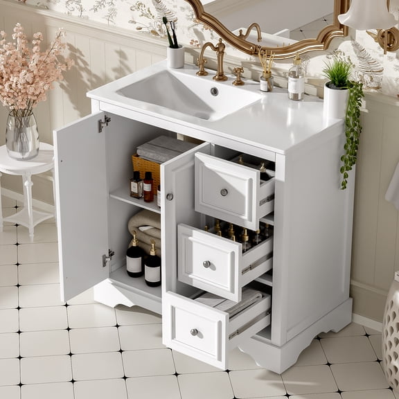 36'' transitional bathroom vanity with ceramic sink  features 2 soft-close doors, an adjustable U-shaped shelf, 3 drawers (including one with divider), painted finish, and ample storage spa