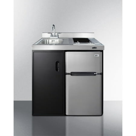 36" wide all-in-one kitchenette with 2-burner 115V smooth-top cooktop, refrigerator-freezer, sink, and storage cabinet