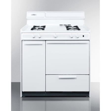 36" wide gas range in white with open burners, storage compartment, and spark ignition