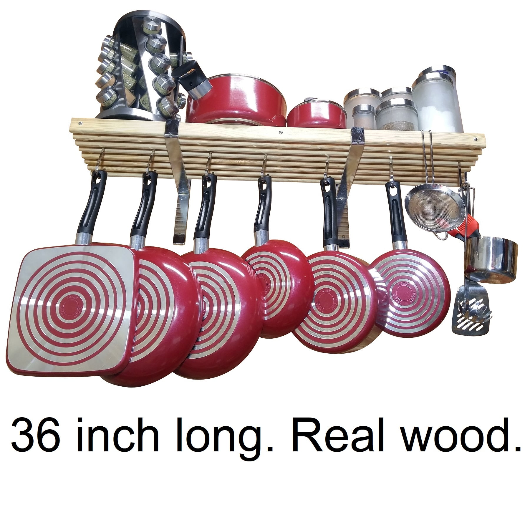 36" wooden wall mounted pot rack with 10 hooks. Wall rack. Pan rack. Hanging pot rack. Wood Pan Pot hanger. Hanging pot holder. Kitchen wall shelf. Kitchen pots pans organizer shelf.