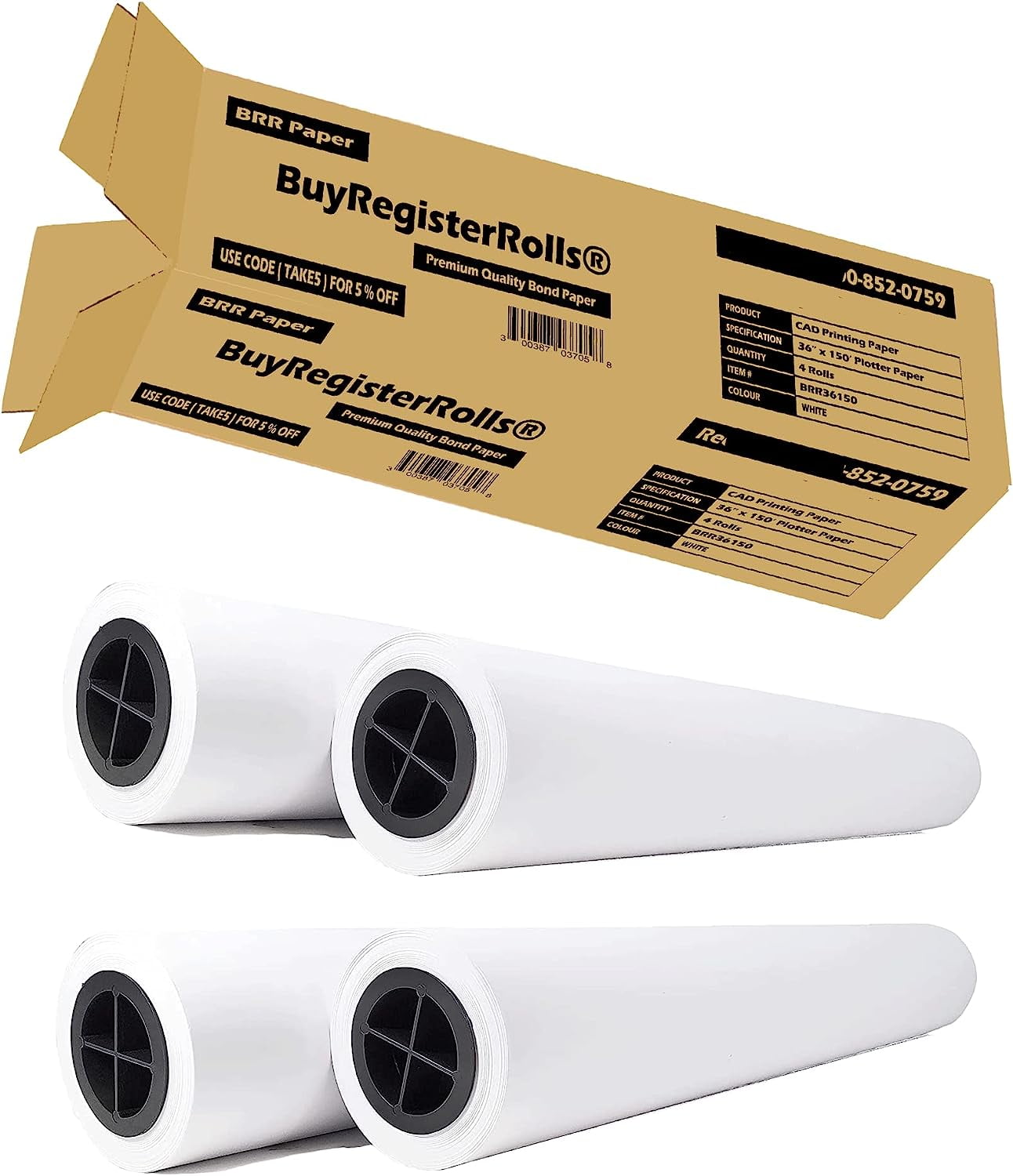 36 x 150 Plotter Paper (New & Premium 4 Rolls) 20 lb Uncoated 96 Bright White (75 GSM with 2 Core) CAD Paper Rolls For Engineers, Architects, Copy Service Shops w/Inkjet Printers