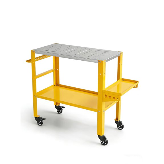 36" x 18" Welding Table, 1200 Lbs Capacity Welding Workbench Table Top with Lockable Wheels,Tool Rack & Tray, 4 Tool Slots and 5/8" Fixture Holes for for Welding Repair Works, Yellow