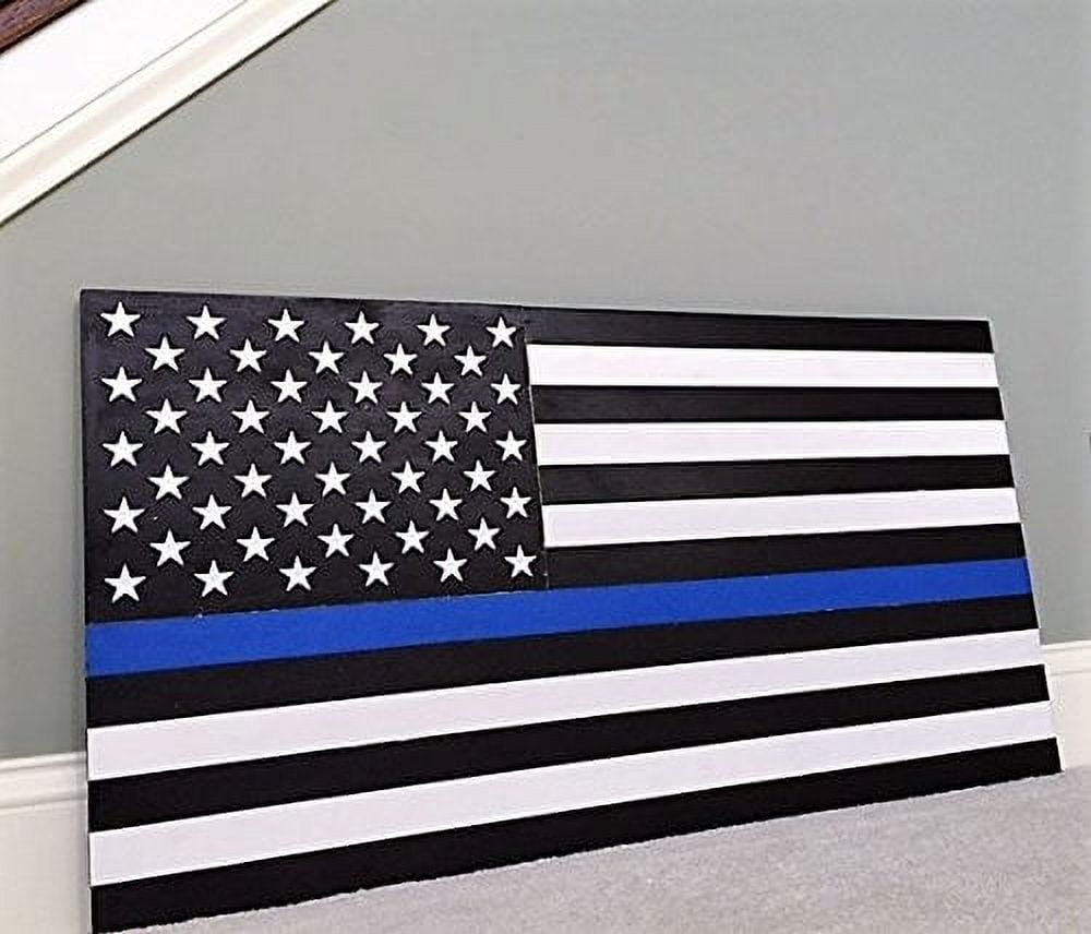 Hand-Crafted US Cop Wooden Thin Blue Line American Flag, 36