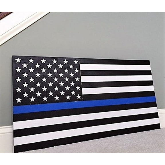 36" x 19" Large Hand-Crafted Thin Blue Line Wood American Flag Honoring our Police / Law Enforcement