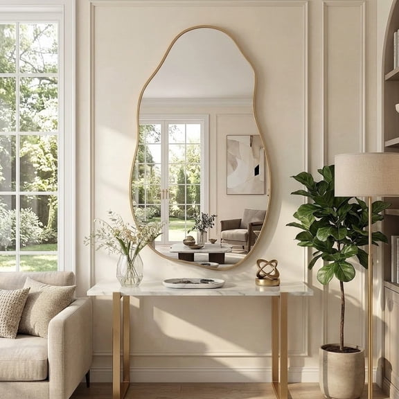 36" x 20" Asymmetrical Wall Mirror, Matte Gold Aluminum Framed Irregular Wavy Mirror with Tempered Glass for Bathroom, Living Room