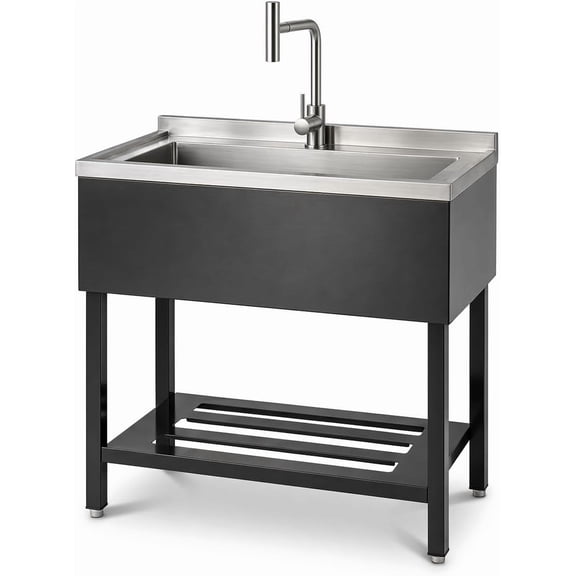 36" x 20" x 39" Commercial Utility Sink, Freestanding Stainless Steel Single Bowl Prep Sink with T-Shaped Faucet, Black, for Laundry Room, Garage, Restaurant & Outdoor Use