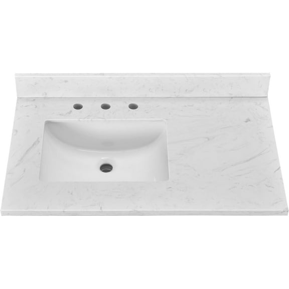 36 x 22 Engineered Stone Vanity Top, White Vanity Sink Top with Undermounted Rectangular Left Sink & Backsplash Countertop, Widespread Faucet Holes for Vanity Top with Sink