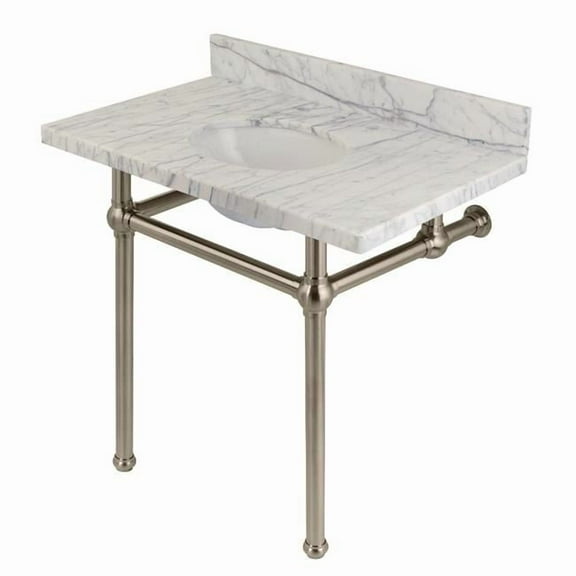 36 x 22 in. Templeton Carrara Marble Vanity Top with Brass Console Legs, Carrara Marble & Brushed Nickel