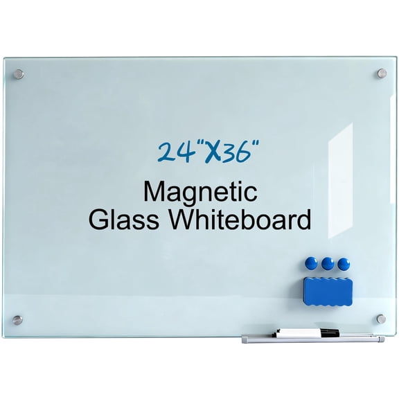 36" x 24" (90-60cm)Glass Whiteboard Wall Mounted for Office Home Classroom Magnetic Glass Dry Erase Board, Tempered Glass, Steel Backed, Non-Porous Surface, Frameless Design, Hardware Included