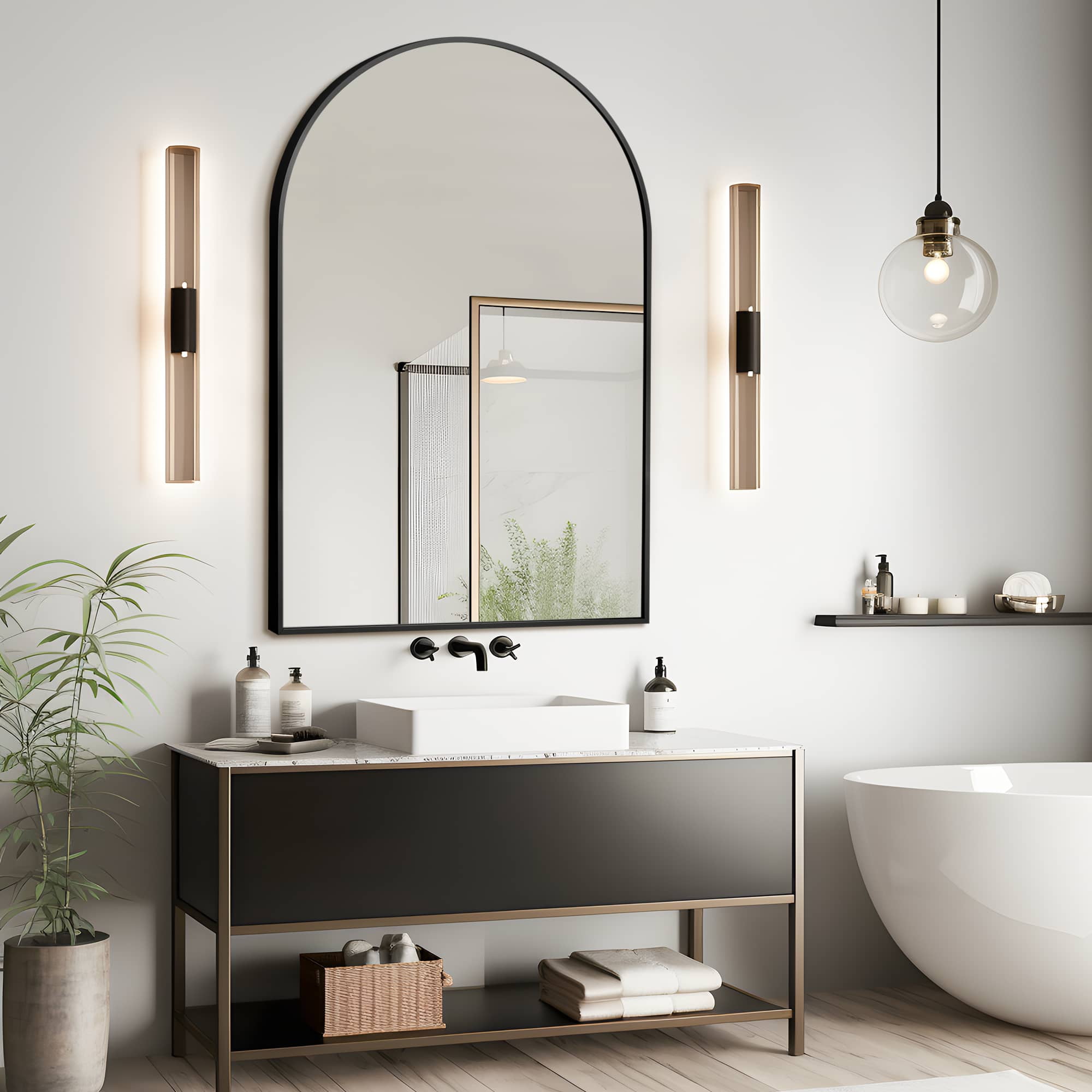 36"x 24" Aluminum Alloy Thin Edge Arched Bathroom Hanging Mirror,Black