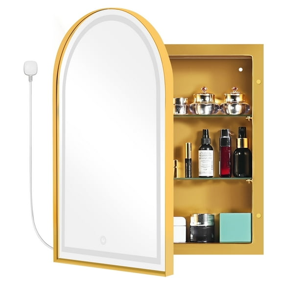 36"x 24" Bathroom LED Mirror Medicine Cabinet with Lights, Recessed or Wall Mounted Bathroom Vanity Mirror with 2 Adjustable Storage Shelves, Defogger, Dimmable, Memory Function, Outlets & USB,Gold