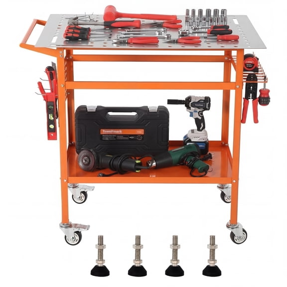 36" x 24" Carbon Steel Welding Table, 800 LBS Heavy Duty Movable Workbench with Lockable Wheels, Pegboard, Storage Tray & Fixture Holes for Workshop Garage