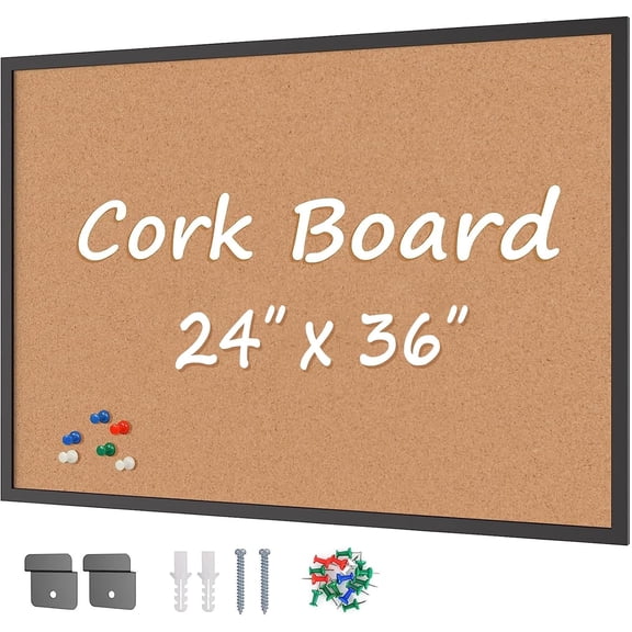VividGreen 36" x 24" Cork Bulletin Board with Wood Frame, Wall and Office Decor for School, Home & Office, Black