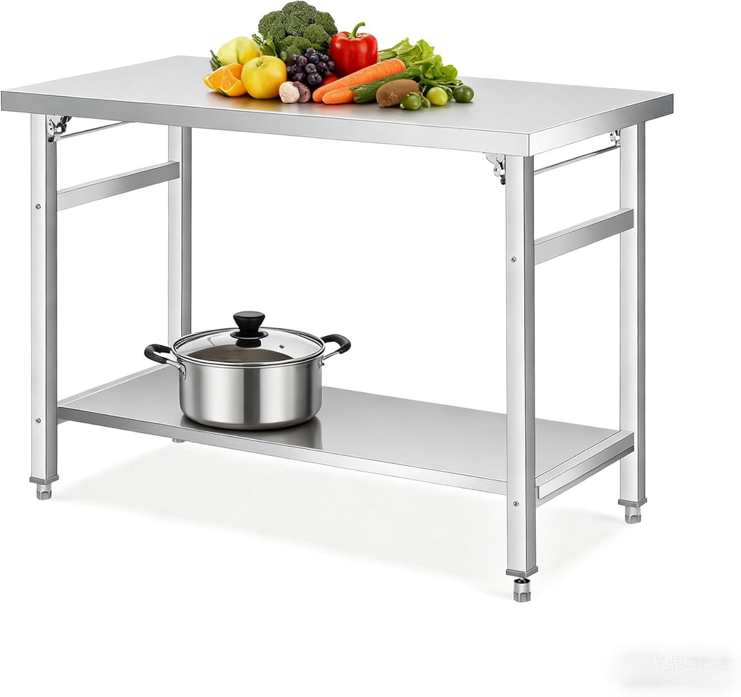 36" x 24" Folding Stainless Steel Table, Double-Tier Commercial Worktable with Adjustable Undershelf & Feet, 1000 LBS Workstation for Home, Kitchen, Restaurant(with Foot Pad)