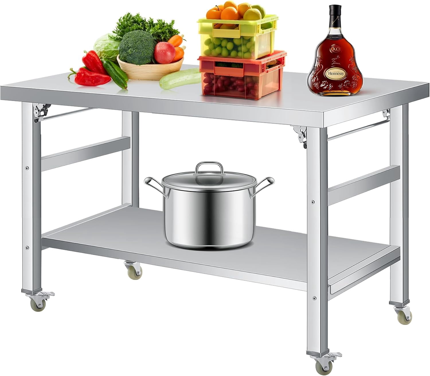 36" x 24" Heavy Duty Stainless Steel Folding Table, Adjustable Undershelf Double Tier Workstation for Kitchen, Restaurant, Home, Garage