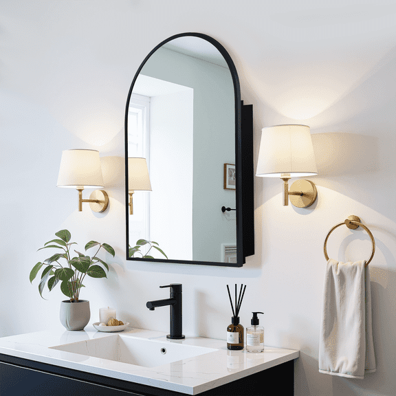 36 x 24 Inch Black Arched Bathroom Medicine Cabinet With Mirror