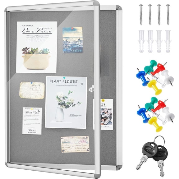 36 x 24 Inch Enclosed Bulletin Board with Locking Door Fabric Cork Outdoor Bulletin Board Lockable Display Case, Tamperproof Aluminium Frame Noticeboard Wall-Mounted for School, Office (Gray)