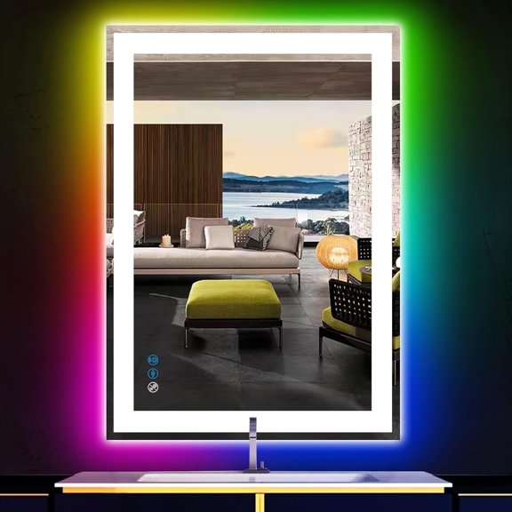 36 x 24 Inch Square LED Bathroom Mirror with Front Lights 3 Color + Rainbow RGB Backlit Light up Mirror for Bathroom Wall Mounted Lighted Vanity Mirror Anti Fog RGB 36x24 Smart Lighted Mirror