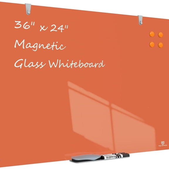 36 x 24 Inches Wall Mounted Magnetic Whiteboard, Large Frameless Glass White Board for Office, Home & School, Orange