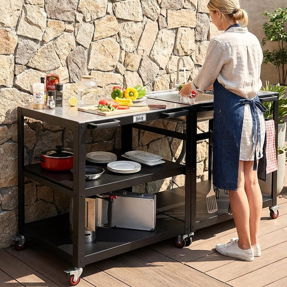 36''x 24'' Large Movable Pizza Oven Table for Outdoor, 304 Stainless Steel Grill Cart with Wheels, 3-Shelf Outdoor Kitchen Prep Table Pizza Oven Stand on Wheels for Pizza Oven& Griddle